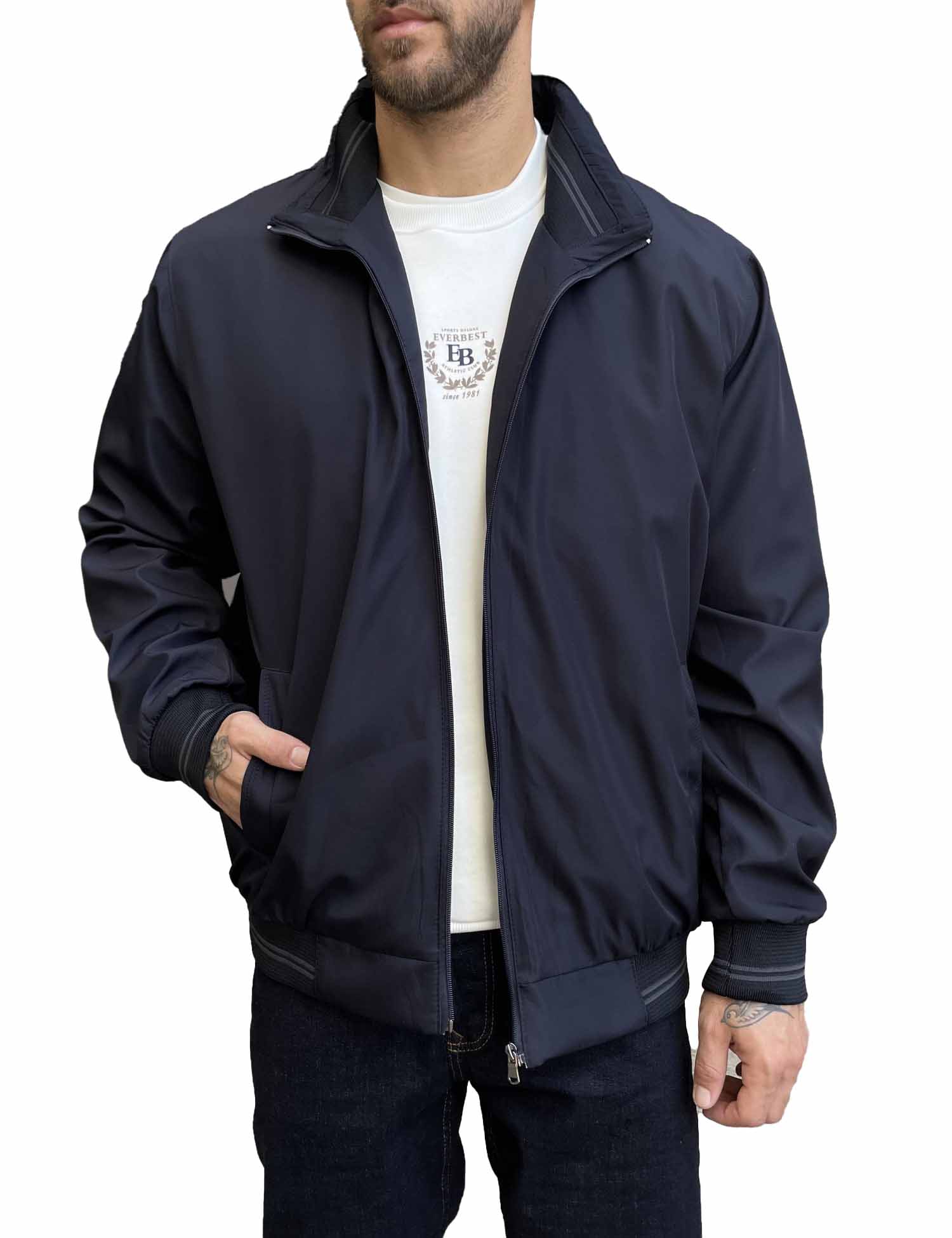 Ανδρικό μπλε μπουφάν με γιακά και λάστιχο Plus Size EP456B φωτογραφία